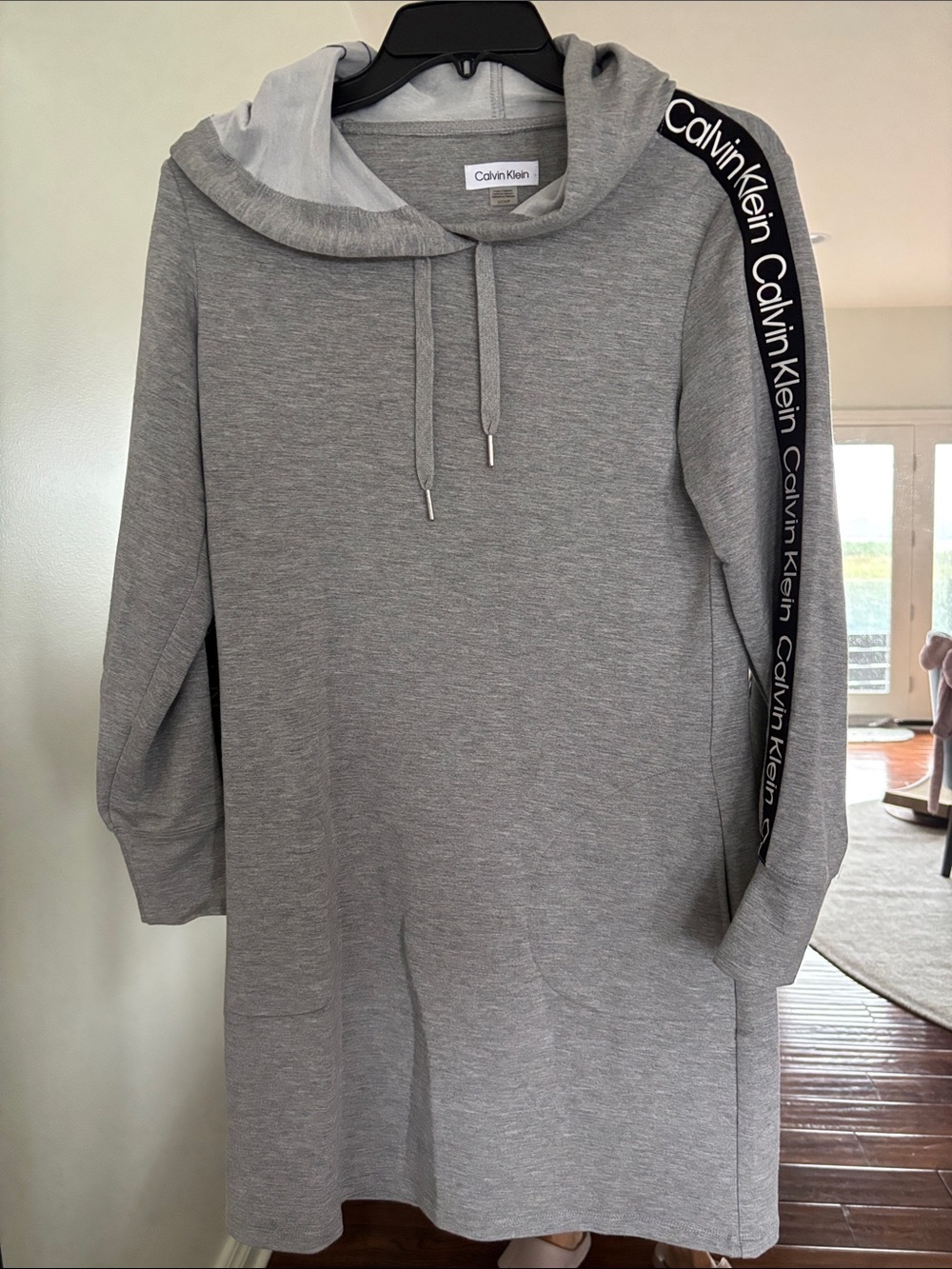 Calvin Klein Light Gray Hooded Sweatshirt Dress with Branded Shoulder Tape